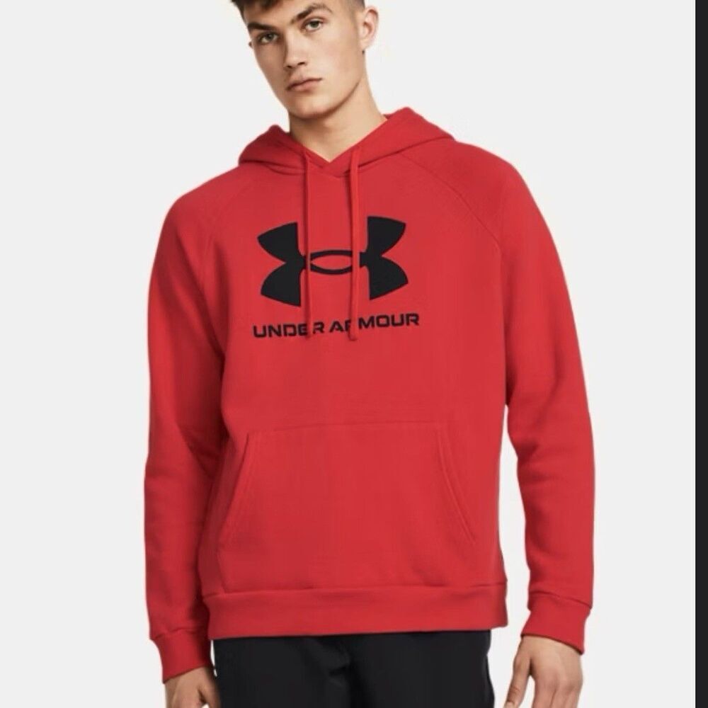 Under Armour ColdGear Hoodie Mens M Red Black Big Logo Pullover Fleece